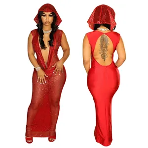 Robe longue sexy à paillettes rouges avec capuche, décolleté en V profond et dos nu
