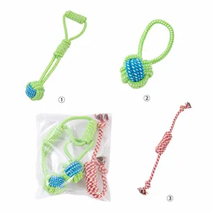 Close-up showing a 3-piece durable cotton rope dog toy set with its retail packaging