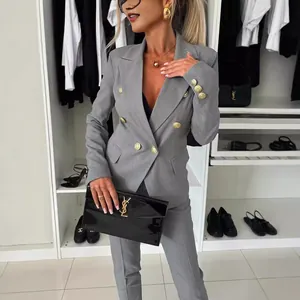 Chic professional grey double-breasted blazer suit set for women with ornate gold buttons
