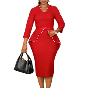 Elegant red long sleeve peplum pencil dress with V-neck and belt for professional women