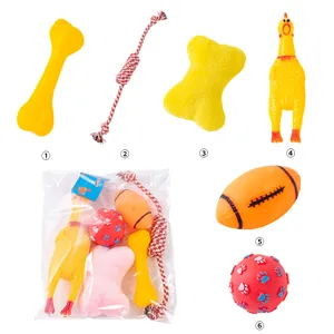 Comprehensive 6-piece dog toy set including a squeaky chicken, cotton rope, and rubber balls