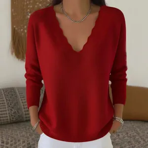 Stylish red V-neck loose knit sweater with scalloped edges for autumn casual wear