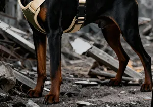Gros plan d'un harnais tactique pour chien durable sur un Doberman dans des ruines