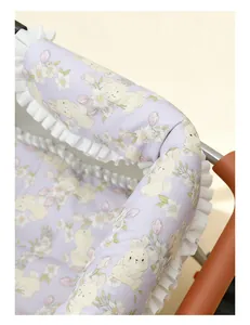 Detailed view of lavender bunny print pet stroller edge pad with ruffles