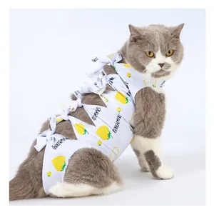 Detailed view of breathable cat recovery suit with strawberry pattern and back ties.