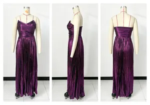 Detail view of purple metallic pleated maxi dress from front side and back angles.