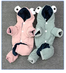 Fleece padded dog winter onesies in pink and green with cute frog hood detail