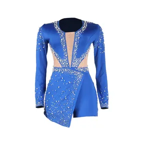 Tuta sexy blu reale trasparente a maniche lunghe con perle e strass