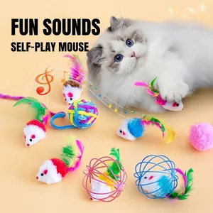 Interactive Cat Toy Set Multicolor Plush Mouse With Feather Tail Yarn Ball Metal Cage Mouse For Boredom Relief Indoor Exercise