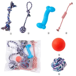 Set di 6 giocattoli per cani con corde, osso di gomma e palline da masticare.