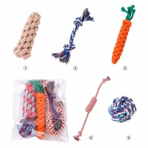 Set of five handmade colorful cotton rope dog chew toys designed for small and medium breeds.