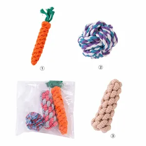 Detailed view of three-piece cotton rope dog toy set including carrot and ball shapes