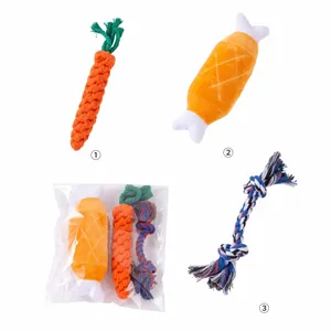 Set of 3 dog chew toys featuring a rope carrot, plush bone, and knotted rope cord