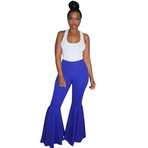 Pantalones de campana azules sexy de cintura alta con un dobladillo de volantes