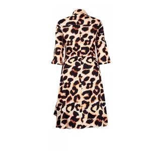 Detailed back view of a slim-fit leopard print midi dress with classic lapel collar