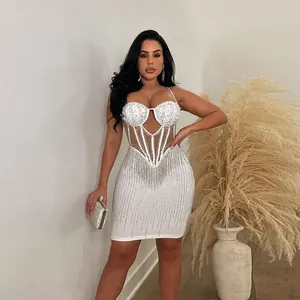 Exquisite white rhinestone pearl hollow bodycon suspender party dress for women