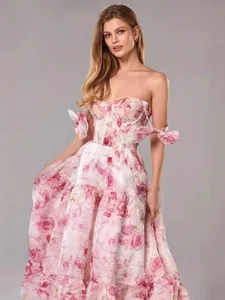 Elegant pink rose floral off-the-shoulder organza evening gown for formal gala events