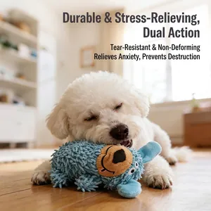 Cute blue squeaky bear plush dog toy for molar cleaning and stress relief indoors