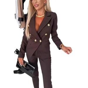 Elegant brown double-breasted blazer and pants suit set with decorative gold buttons