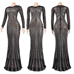 Triple view of black floor-length dress with silver rhinestone starburst pattern.