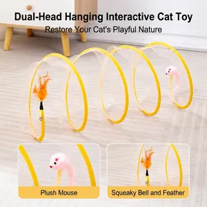 Faltbarer Katzen-Tunnel aus elastischem Netz mit Feder und Plüschmaus-Zubehör
