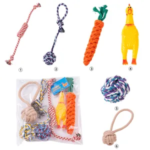 6-piece dog toy set with assorted cotton rope knots, plush carrot, and rubber shrilling chicken toy