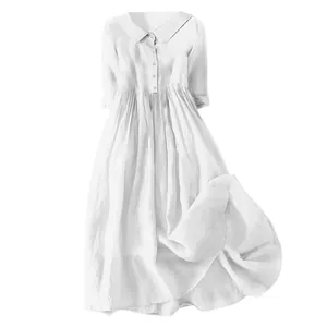 Elegant white cotton linen midi dress featuring a button-down collar and pleated waist detail.