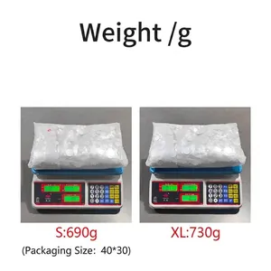 Detail showing the weight of sequin dress sizes S (690g) and XL (730g) on a scale.