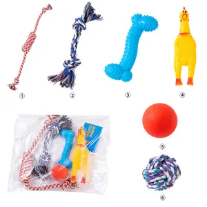 Set completo da 6 pezzi di giochi per cani con nodi di corda, pollo e palla da masticare.