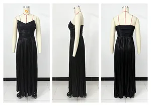 Front, side, and back views of a black pleated strapless evening party maxi dress