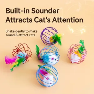 Colorful cat toy mouse in wire cage with feathers and built-in sound for pet entertainment