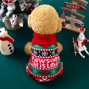 Festive red and green knitted Christmas dog sweater featuring snowflake and paw patterns