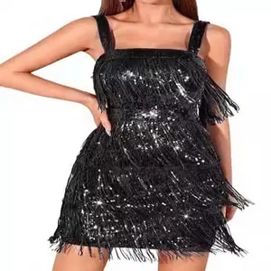 Elegant black sequined fringe cocktail party dress featuring thin spaghetti straps