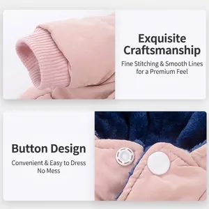 Detailed view of pink padded pet winter coat with ribbed cuffs and snap buttons