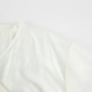 Close-up of premium Tencel fabric on white wrap top showing fine texture and sheen