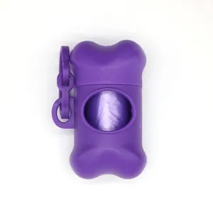 Purple bone-shaped dog poop bag dispenser with attachment clip for outdoor pets