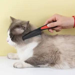 Stainless steel pet flea comb for cats and dogs, ergonomic grooming tool on long cat fur