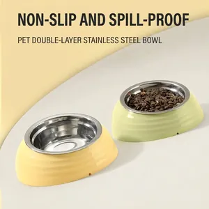 Gamelles pour animaux en acier inoxydable double couche, jaune et vert, antidérapant