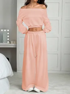 Ensemble haut court à épaules dénudées et pantalon large décontracté pêche uni