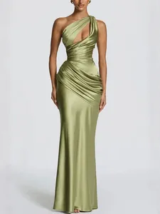 Elegant olive green satin one-shoulder cutout mermaid dress with ruched waist detail