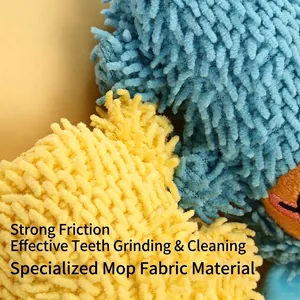 Squeaky plush dog toy with unique shaggy mop fabric texture for dental health