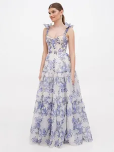 Elegant organza floral evening gown with butterfly straps and tiered long skirt