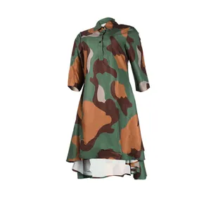 Camouflage print high-low shirt dress with collar and three-quarter sleeves