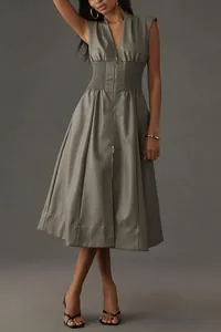 Vestido midi sin mangas de piel sintética vintage francés con cremallera y cintura