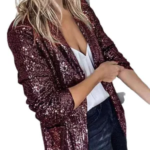 Sparkling wine red sequin blazer jacket for women, stylish long sleeve evening outerwear