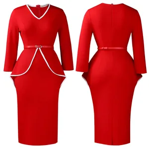 Detailed front and back view of elegant red long sleeve pencil dress with peplum detail