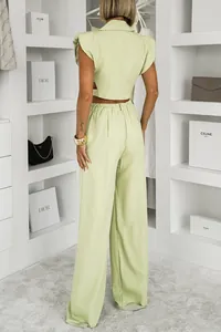 Back view of a lime green two-piece set with sleeveless vest and wide-leg pants
