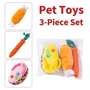 3-teiliges Hundespielzeug-Set Langlebige Baumwollseil-Kauspielzeuge für kleine mittlere Hunde Quietschende Hähnchenschenkel Karotten-Hausschuh-Beißspielzeuge