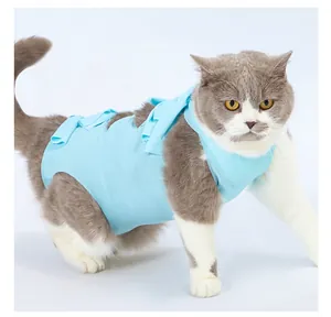 Breathable light blue cat recovery suit with tie-back straps for post-surgery protection.
