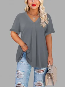 Top casual de talla grande con cuello en V y mangas con volantes para mujer gris